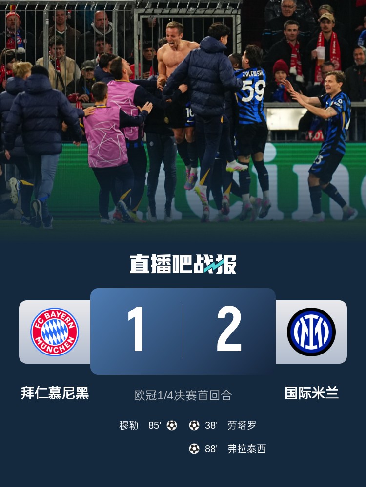 2-1占得先機(jī)!國米送給拜仁4年來歐冠主場首敗